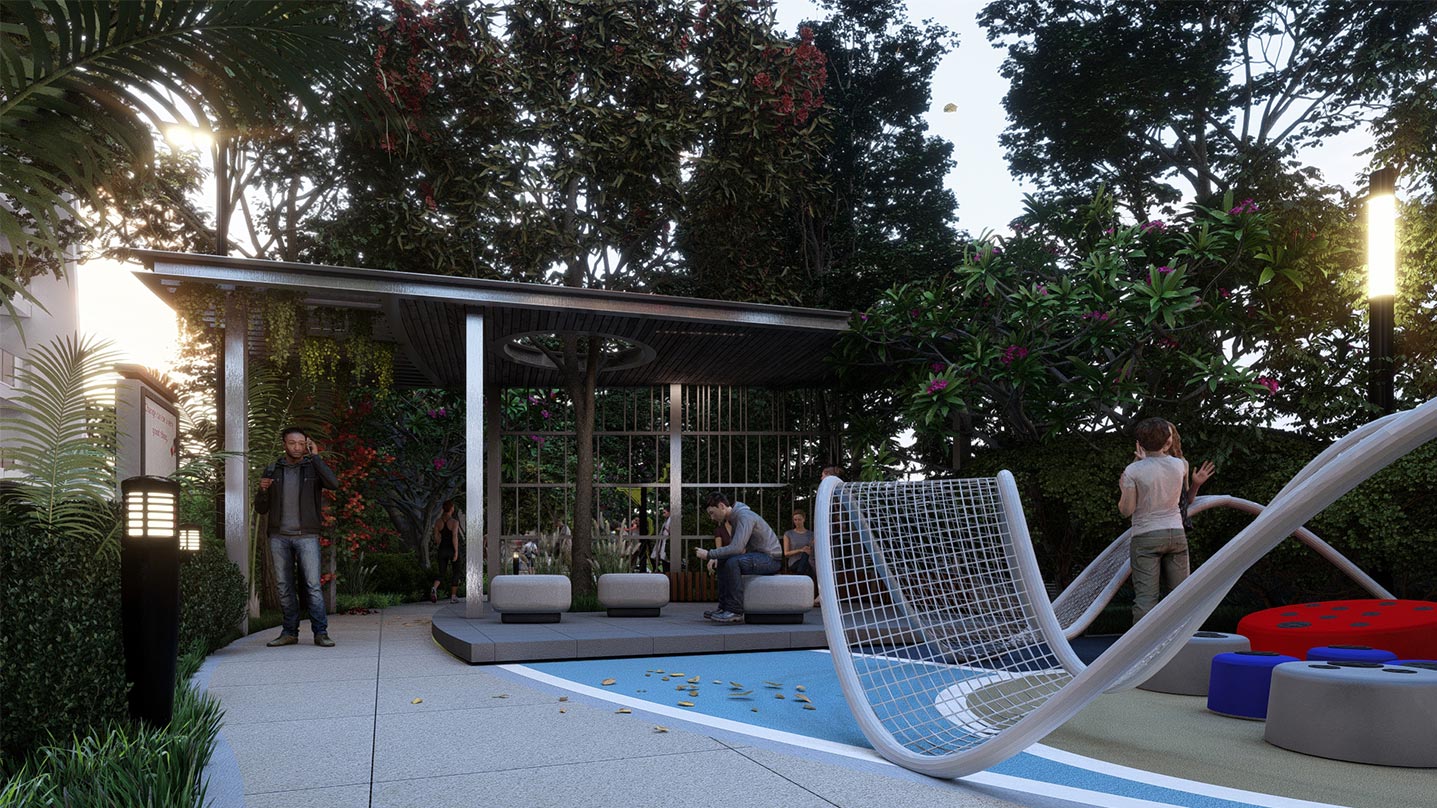 DSR The Courtyard plaza with informal seating designed for relaxation and community gatherings in Gunjur Bengaluru